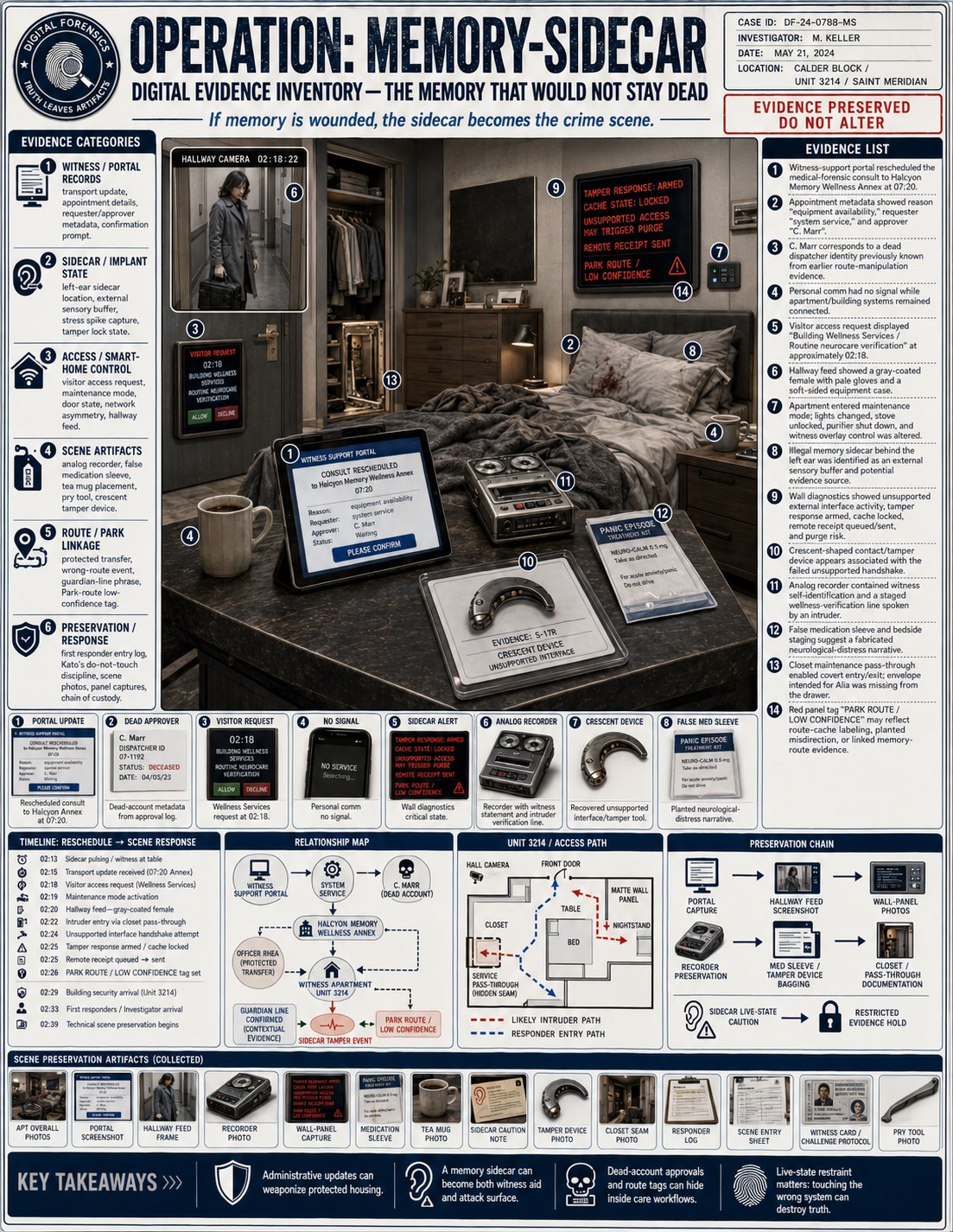 Illustrated evidence inventory and apartment layout published in the novel appendix