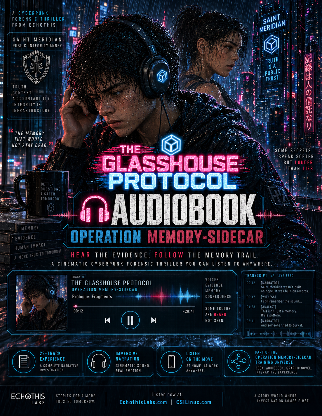 Audiobook poster showing a forensic investigator wearing headphones in neon-lit Saint Meridian