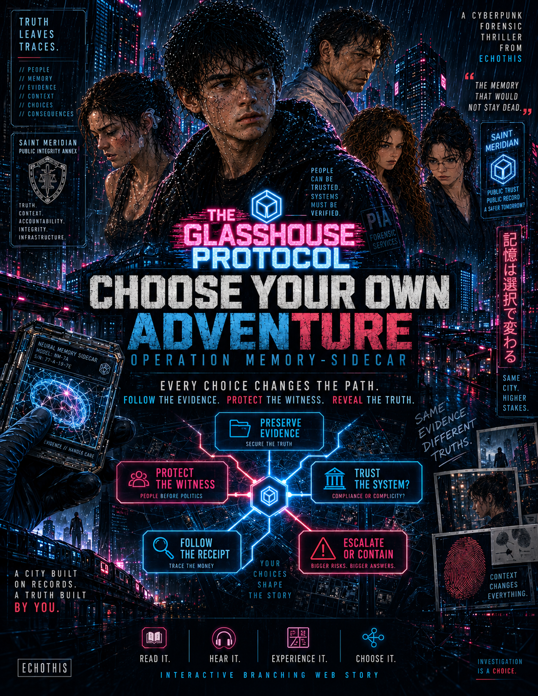 Choose Your Own Adventure poster with cyberpunk investigation decisions and consequences