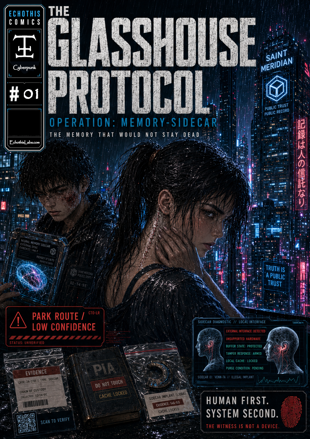 Graphic novel cover for The Glasshouse Protocol, illustrated Saint Meridian city and characters